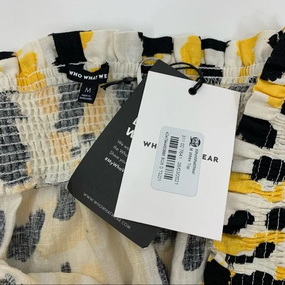 Who What Wear Linen Graphic Cat Smocked Off The Shoulder Short Sleeve Blouse Nwt - Picture 8 of 16